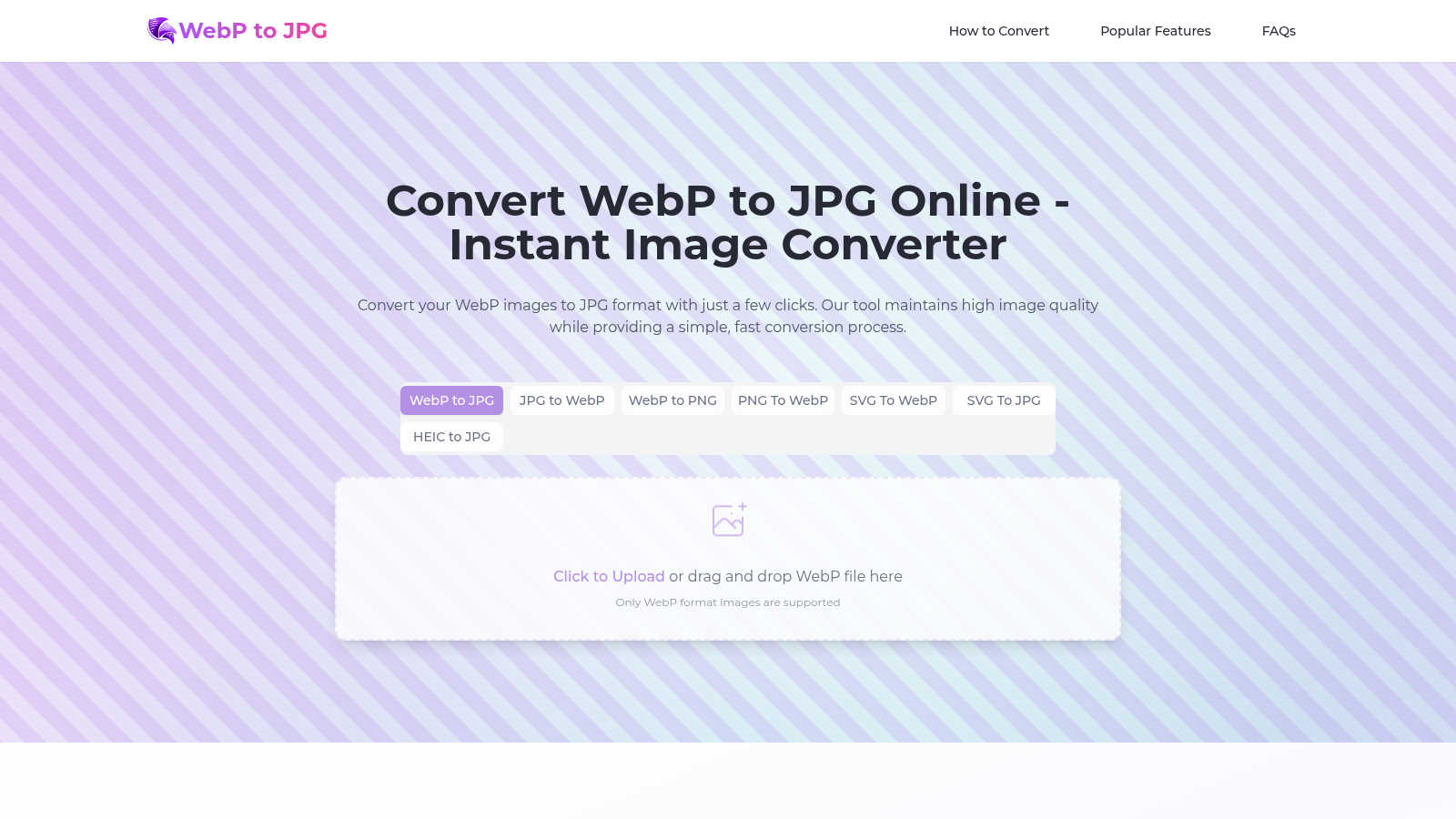 Fast & Free WebP to JPG Converter application interface and features