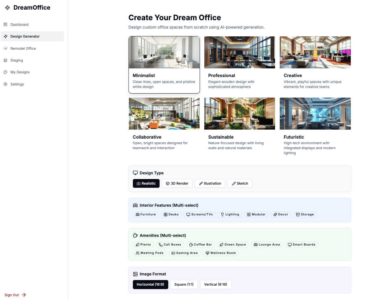 Dream Office application interface and features