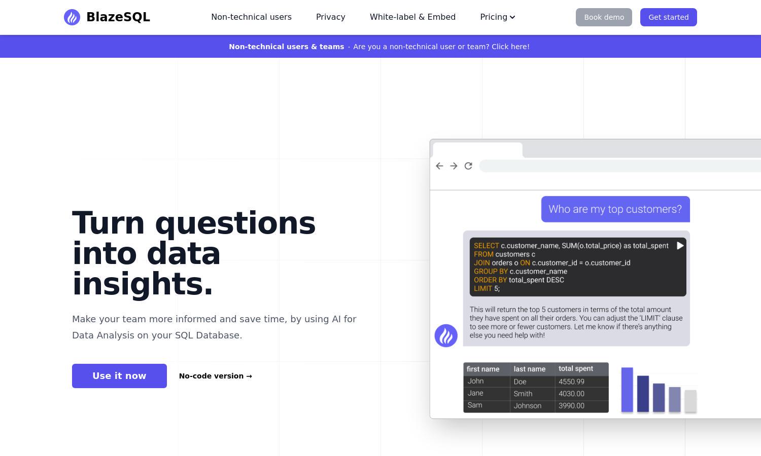 Blaze SQL AI Website