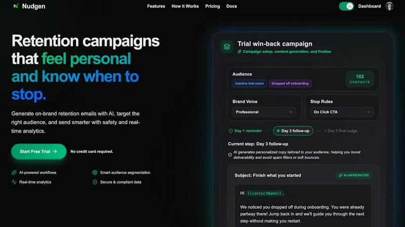 Nudgen application interface and features